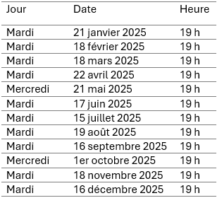 Calendrier des séances